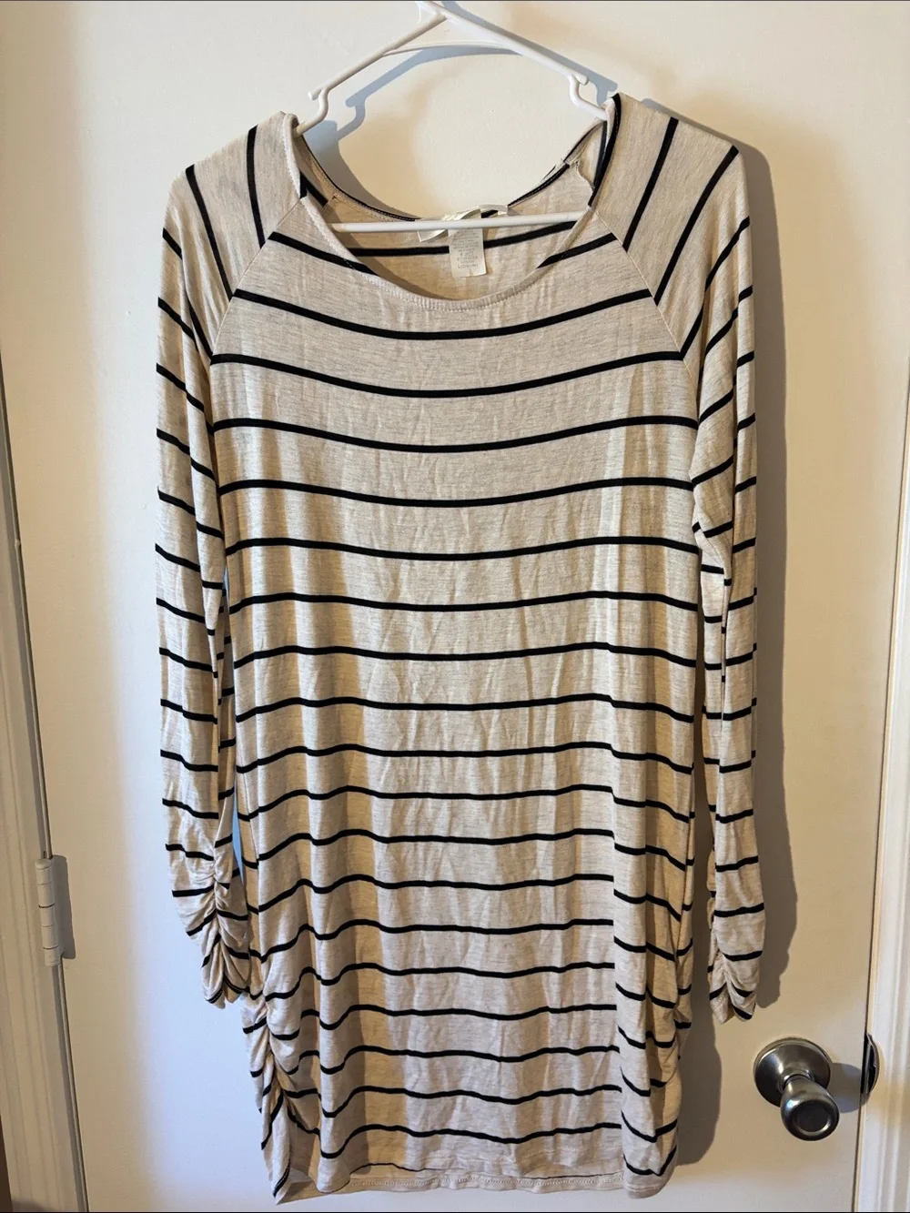 Striped Long-Sleeve Tee Dress in Cream & Black - Picture 1 of 4